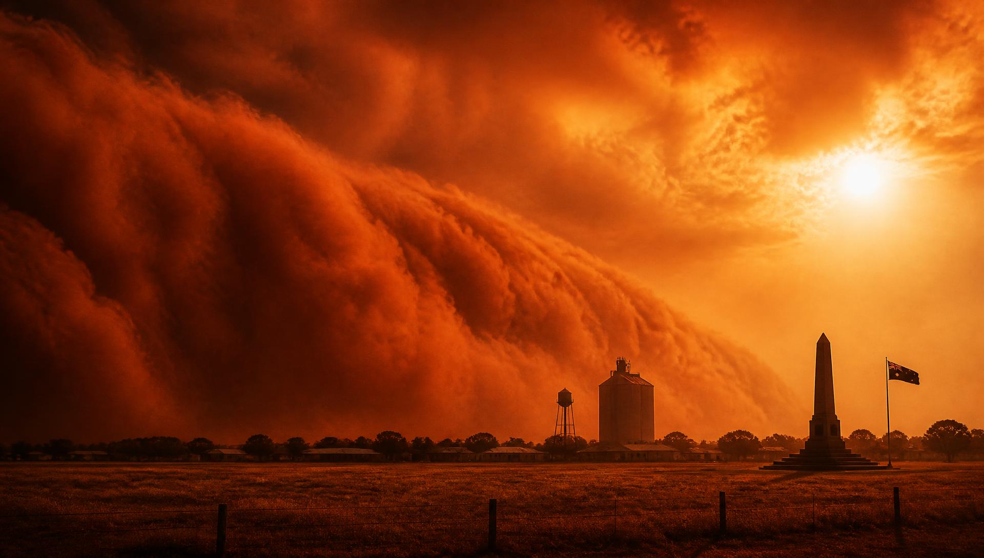 A red dust storm rolling across farmland towards a country war memorial
